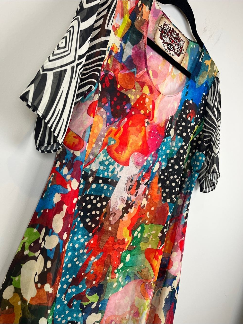 Amma Made in LA Colorful Abstract Print Sheer Scoop Neck Tunic Top Size XS - Picture 5 of 8